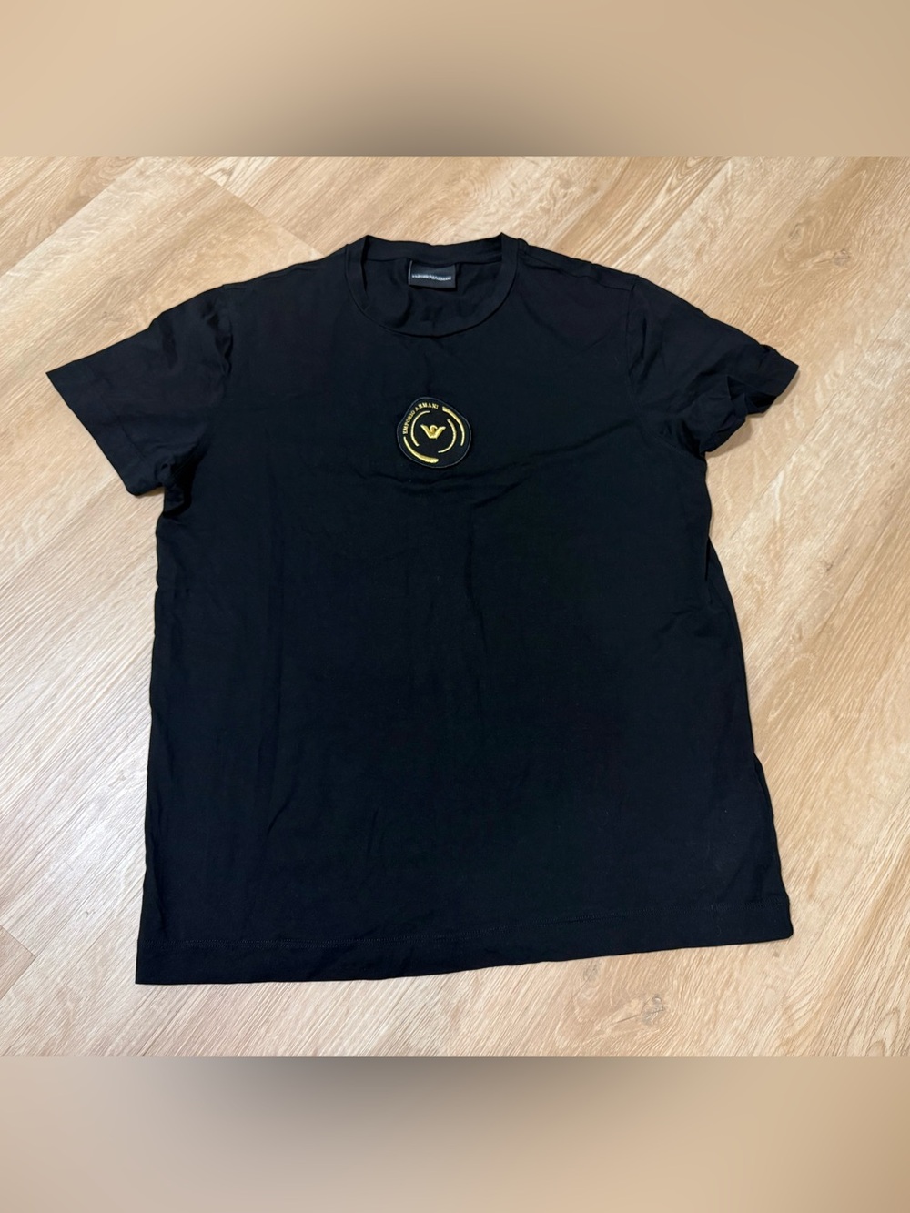 Emporio Armani Black Short-Sleeve Tee with Yellow Chest Emblem